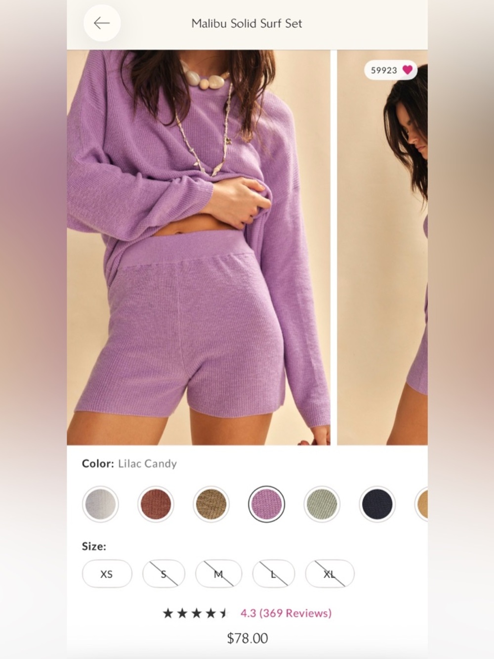 FREE PEOPLE MALIBU SOLID SURF SET IN LILAC CANDY SIZE LARGE- TOP & SHORTS